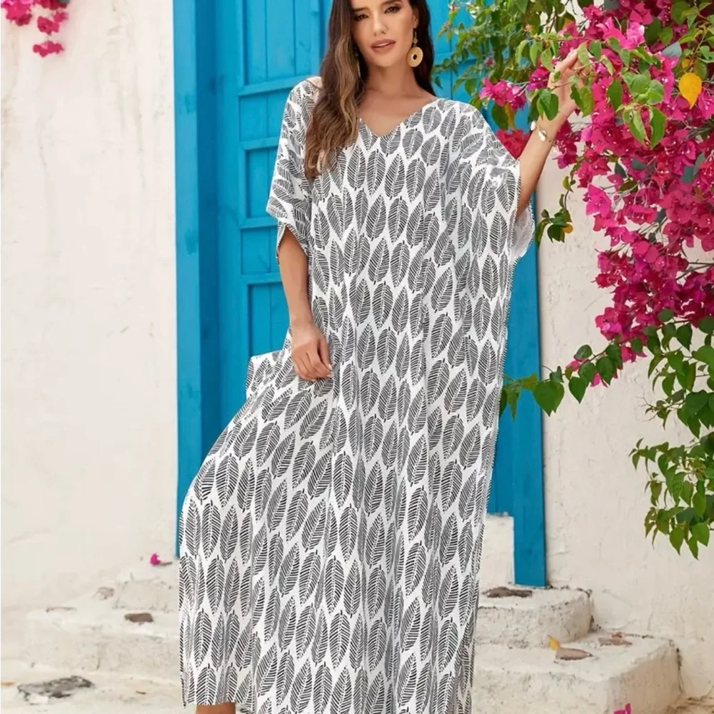 Caftan Boho Chic Batwing Sleeve Leaf Print Cover Up Dress, One Size, NWOT - Picture 3 of 5